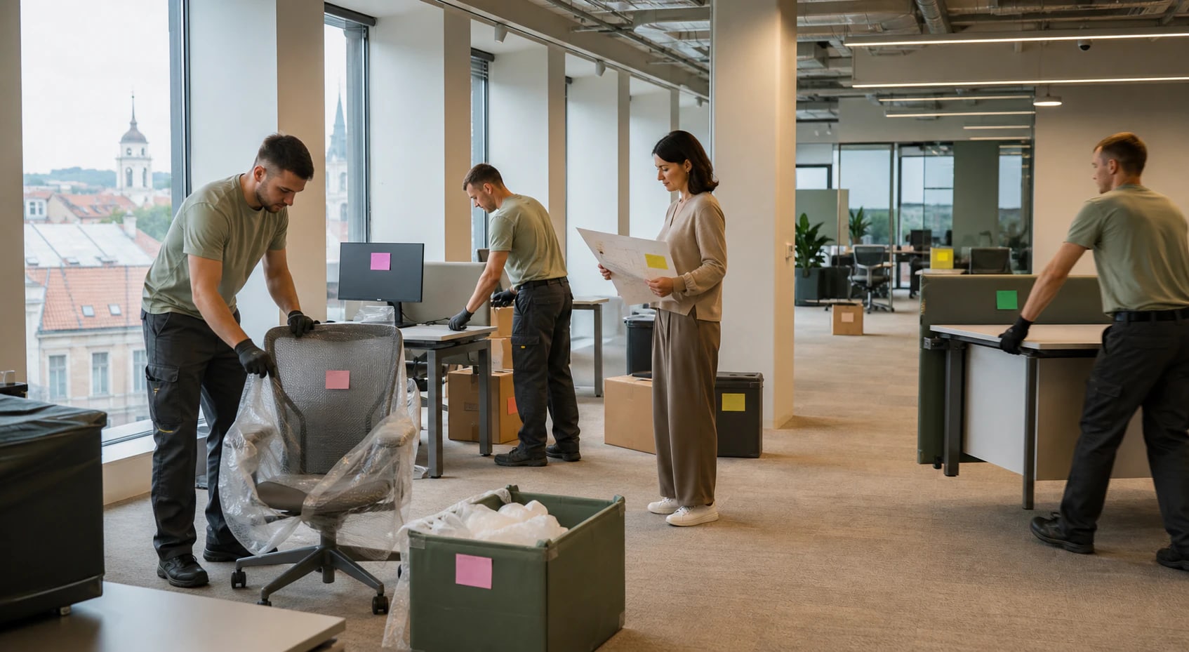 Biuro inventorius pažymėtas pagal naujo biuro zonas